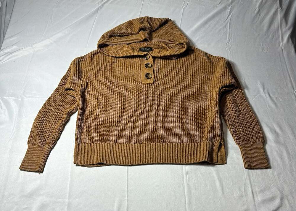 Rachel Zoe Hooded Ribbed Knit Sweater Small Camel Button Henley Pullover
